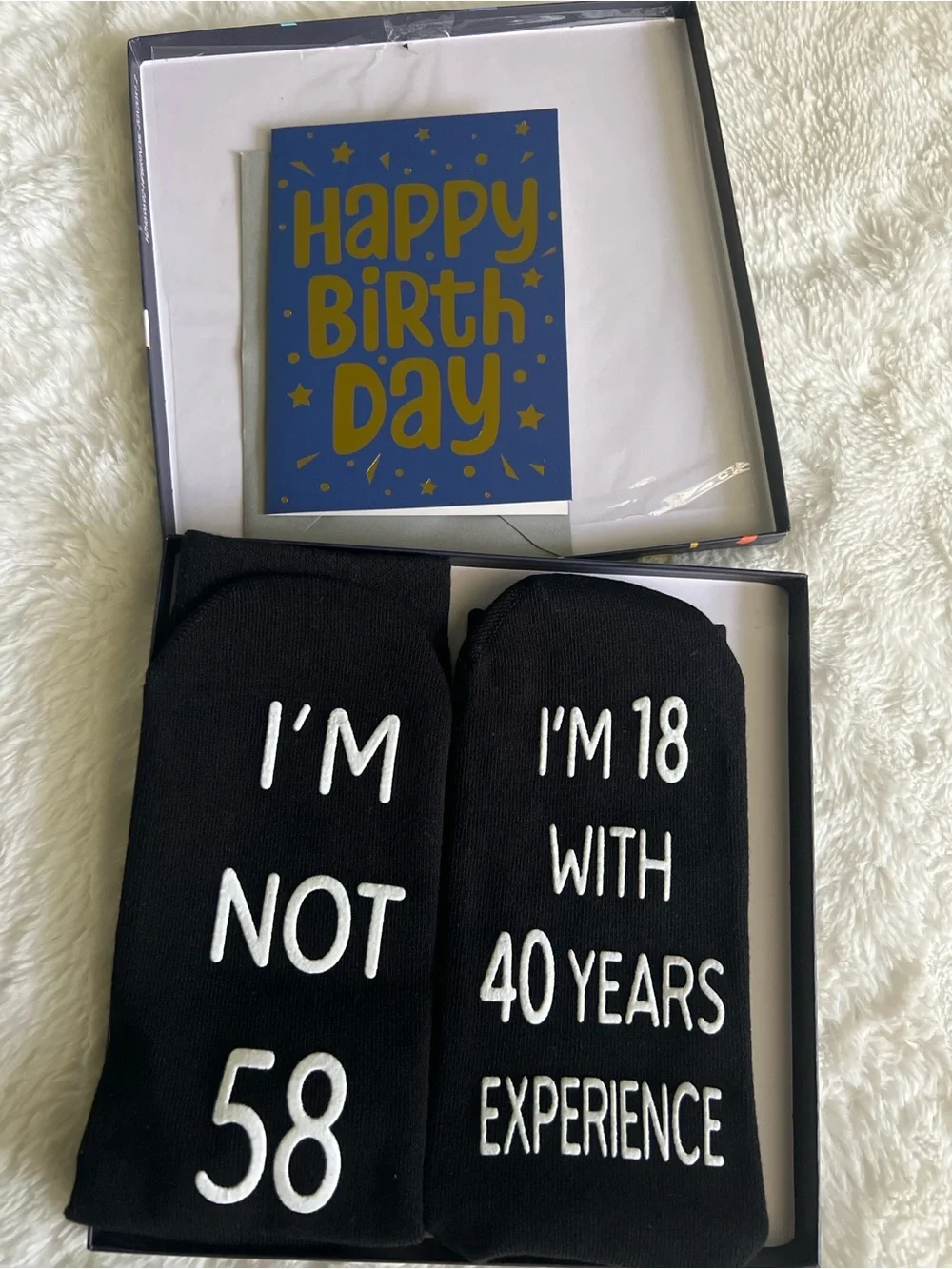Funny 58th Birthday Socks Gift Set “I’m Not 58, I’m 18 With 40 Years Experience